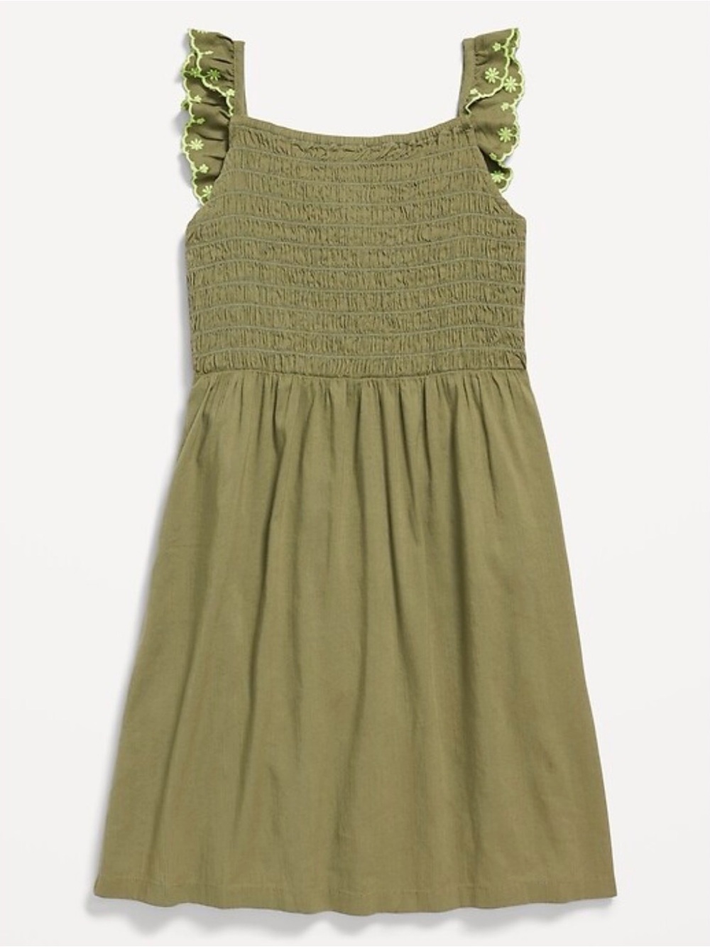 Old Navy Fit + Flare Smocked Dress with Ruffled Embroidered Straps XL Olive NWT
